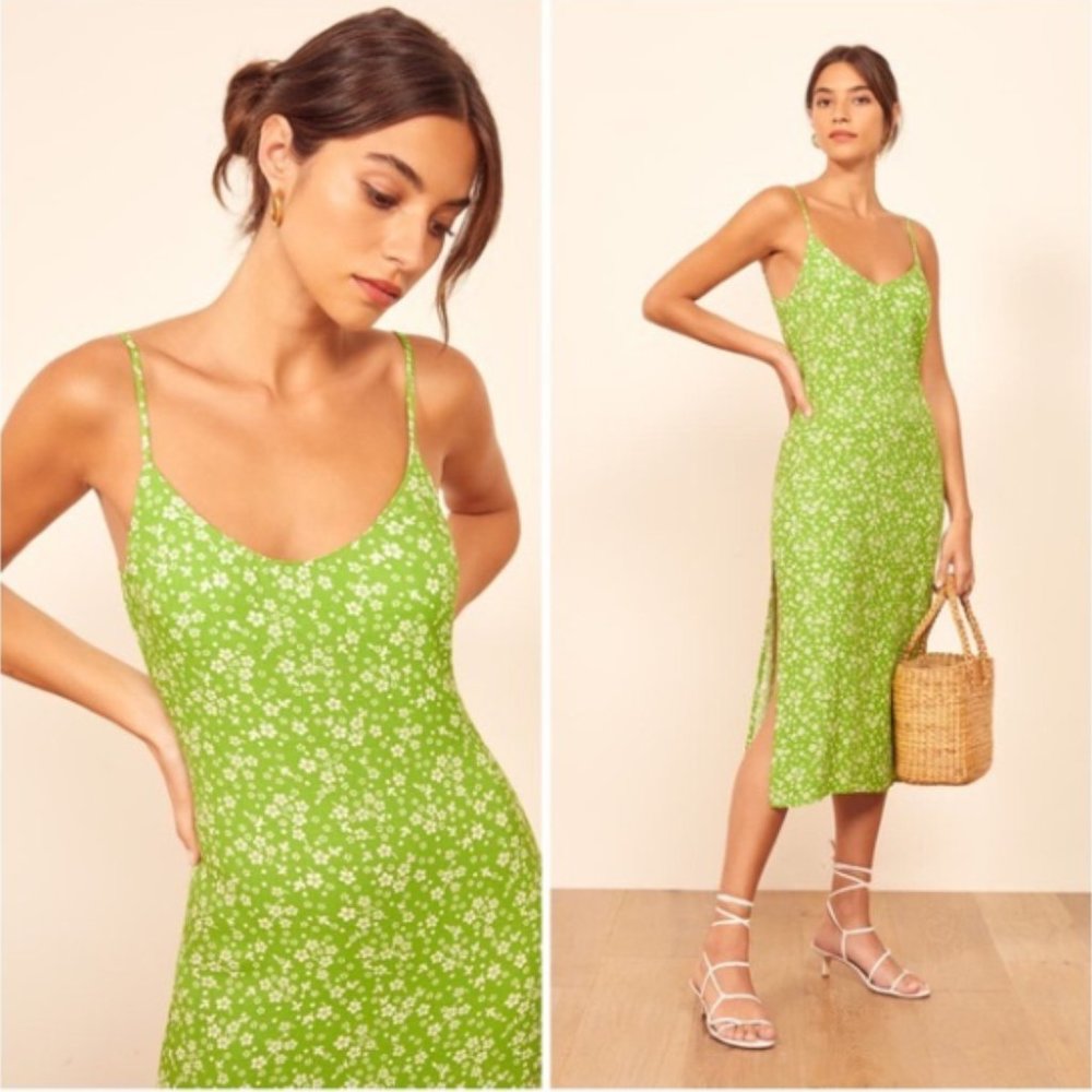 NWT REFORMATION Halsten Green Floral Midi Dress Ditzy Floral Slip Tank Dress 8
